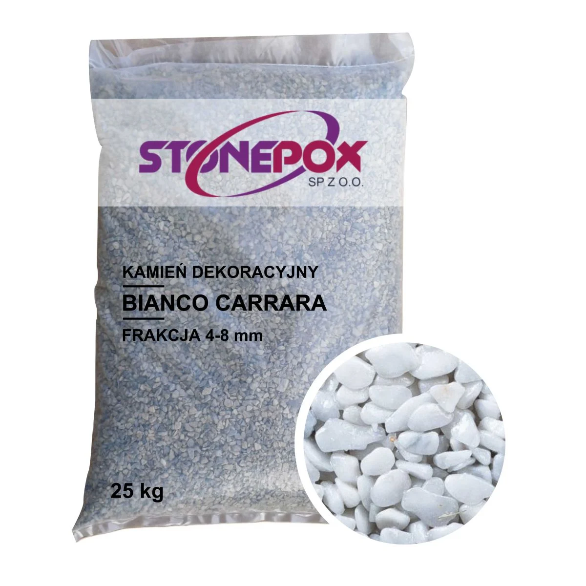 Kamień dekoracyjny Bianco Carrara 4/8 mm – 25 kg. Kamienny Dywan